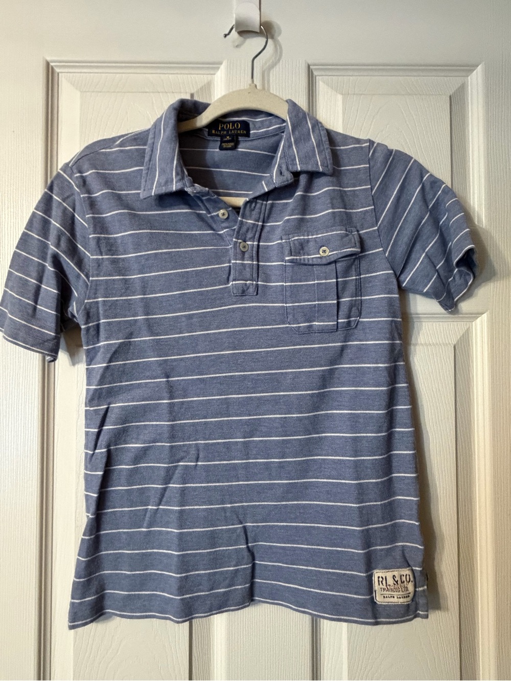 Polo Ralph Lauren Boys Blue/White Striped Polo Shirt Short Sleeve Size 10-12